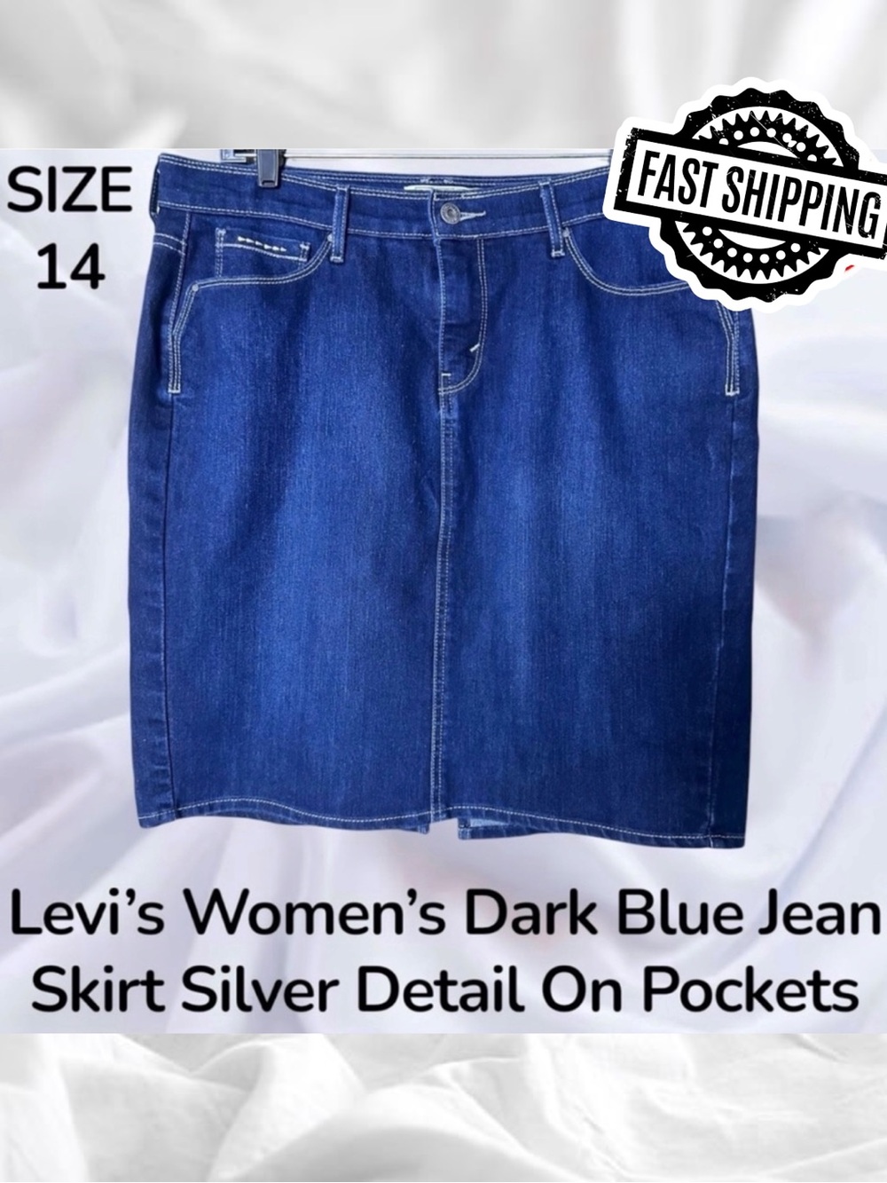 Levis Womens Dark Blue Jean Skirt Size 14 Silver Detail On Pockets FAST SHIPPING